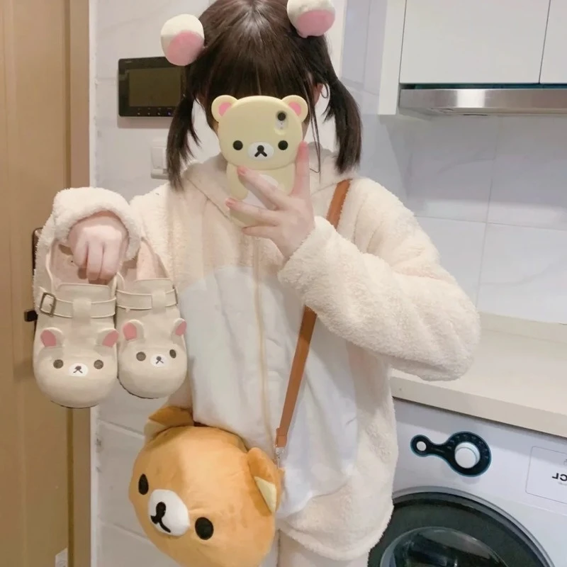 

2025 New Rilakkuma Anime Periphery Thick Bottom Retro Half Bear Sister Cartoon Shaped Women Girl Shoes Kawaii Gift lazy slippers
