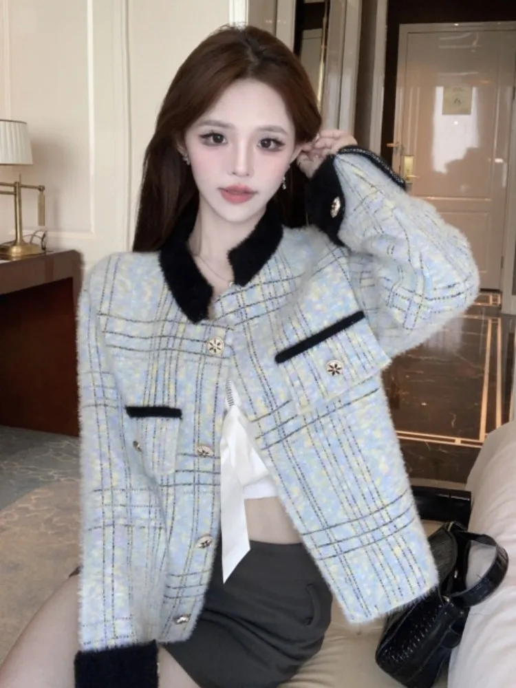 

Thickened Loose Plaid Knitted Stand Collar Sweater Coat Korean Style Autumn Winter New Arrival Women's Casual Fashion Top