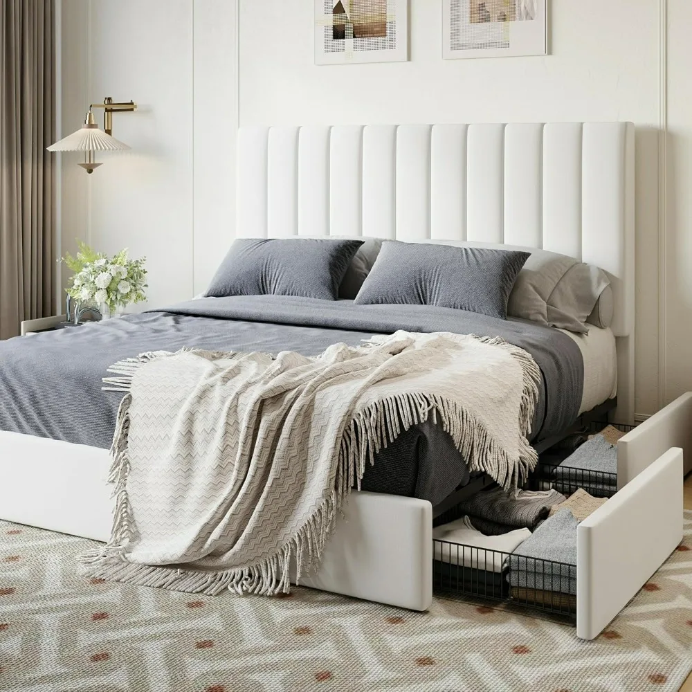 

Queen Size Bed Frame with 4 Storage Drawers, Channel Tufted Adjustable Headboard, Wooden Slats Support, No Box Spring Needed