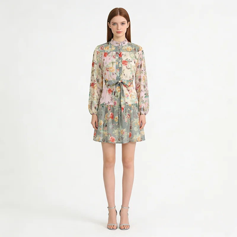 

Women's Summer Holiday Chiffon Mini Dress Floral Print Loose Robe with Long Lantern Sleeves Sashes Elegant Stand Collar