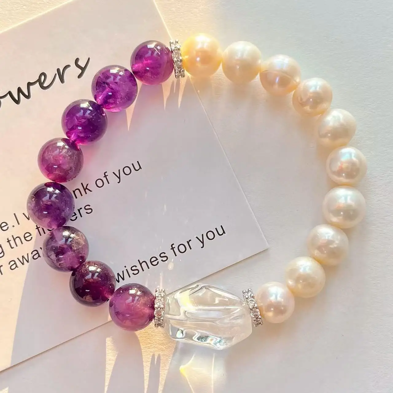 New Arrival 9-10mm Natural Freshwater Pearl Amethyst & Clear Quartz Contrast Color Bracelet Multicolor Gemstone for Women