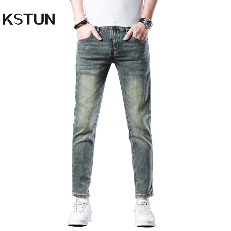 

2024 New Jeans For Men Skinny Jeans Denim Pants Ankle Length Vintage Retro Blue High Quality Famous Brand KSTUN Men's Clothing