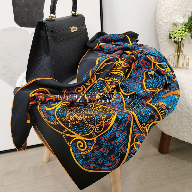 Luxury Retro Silk 100% Mulberry Scarf,110*110 Silk Square Scarf,Large Silk Scarf,Hand Rolled Hem Silk Scarf Shawls