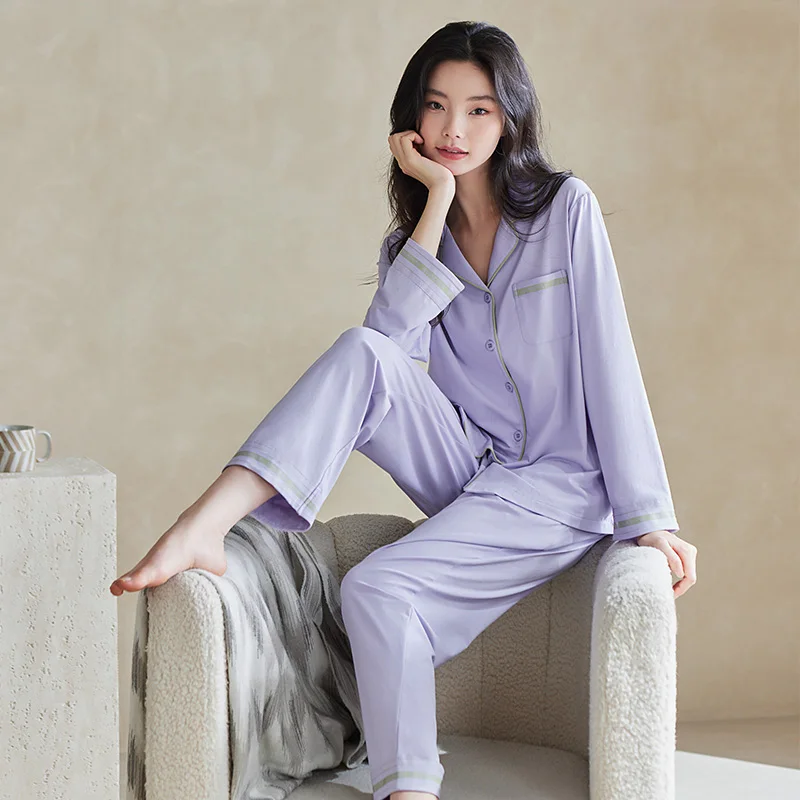 Women Cotton Pajamas Set Turn-Down Collar Pijamas Mujer Autumn Letter Long Sleeve Casual Tracksuit Nightwear Cardigan Homewear