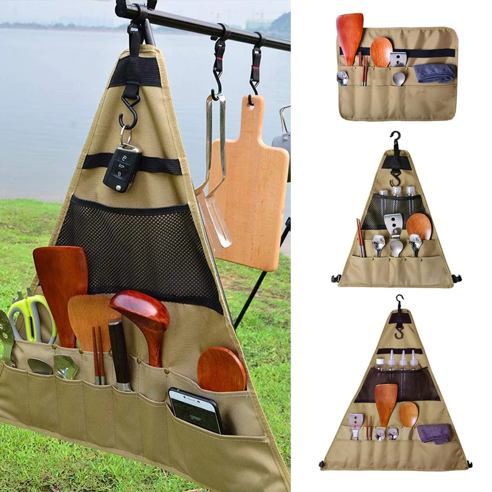 Outdoor Multi-Pocket Tableware Storage Bag Portable Camping Picnic Cooking Utensil Grill Gear Hanging Bag Triangular Storage Bag
