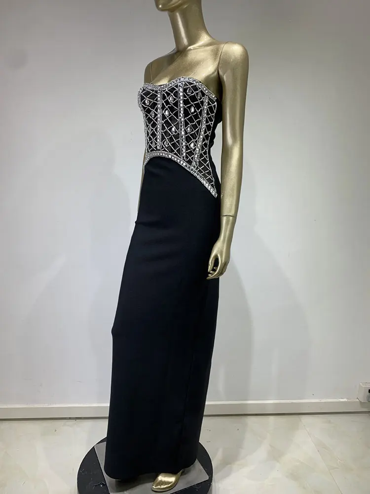 Sexy Dameskleding Met Diamant Design Maxi-Jurk Strapless Mouwloze Bodycon Off Back Lange Jurk Cocktail Avond Party Vestido