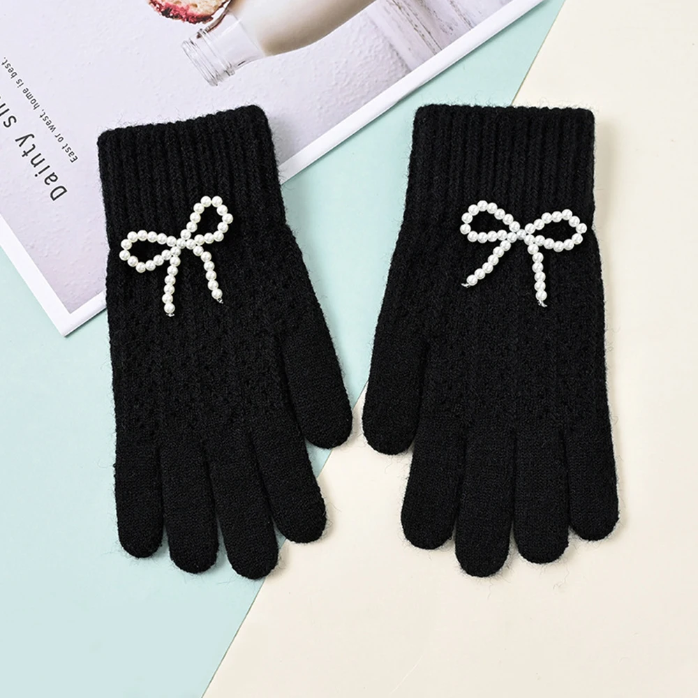 Winter Knitted Gloves Pearl Bow Knot Decor Hand Protector Korean Style Full Finger Mittens Harajuku Girls Gothic Lolita Gloves