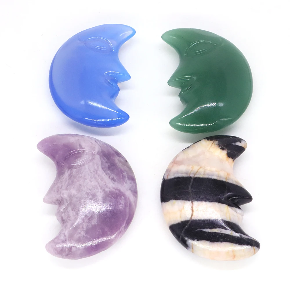 

Natural Human Face Moon Shape Stones Wicca Reiki Energy Quartz Mineral Healing Crystal Hand Carving Crafts Room Decoration 70mm