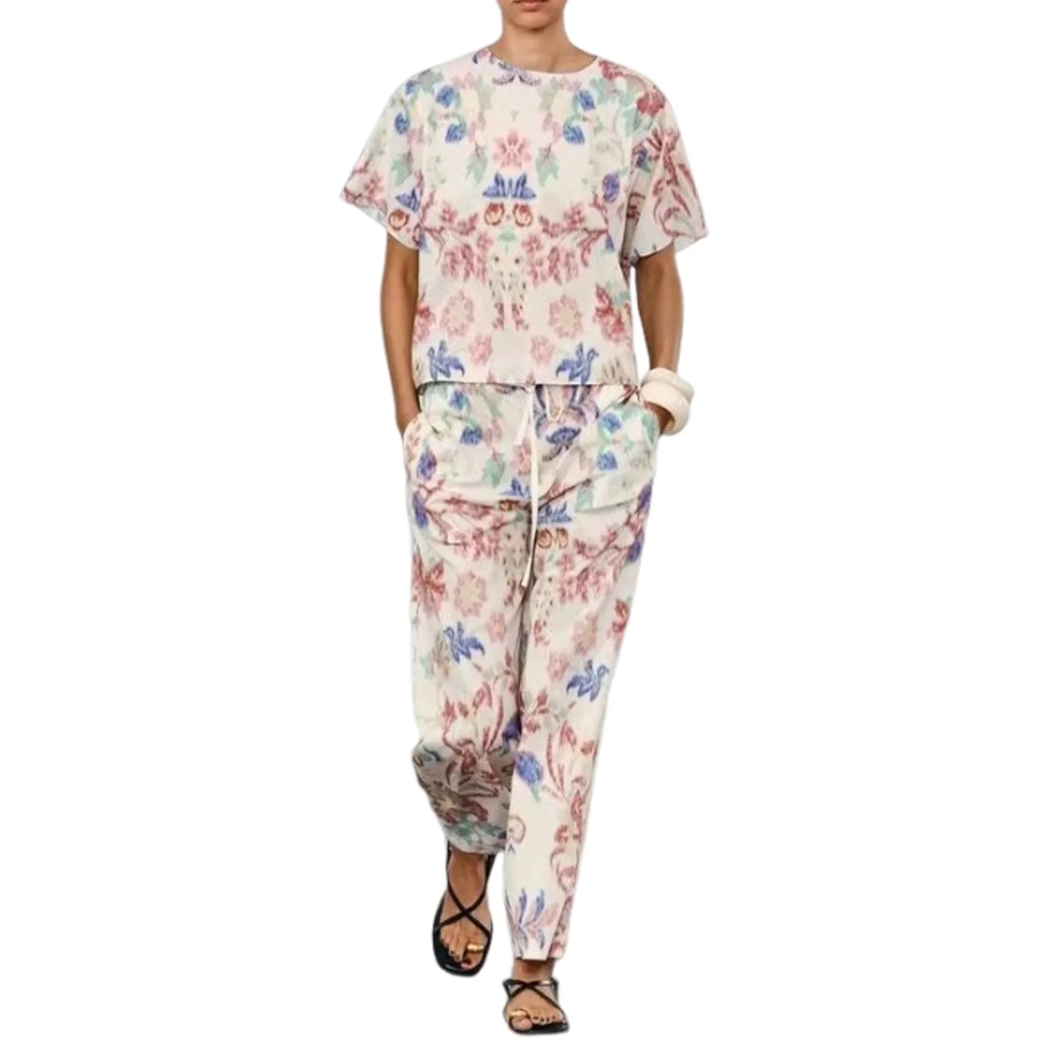 Printed Shirt and Straight Leg Pants Set for Women Short Sleeved Top Versatile Commuting Style Paper Bag New