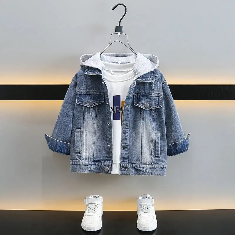 

Джинсовая куртка для мальчиков 90-150 см, новое детское пальто с капюшоном для отдыха на весну и осень
