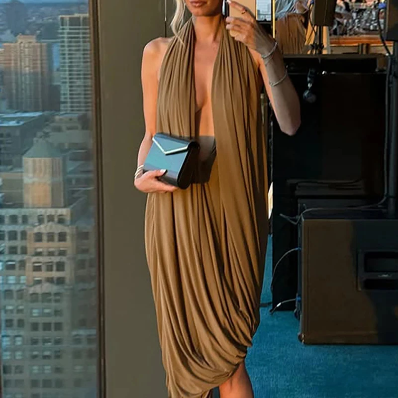 Robe longue moulante sexy à col halter irrégulier et froncé pour femme, dos nu, décolleté plongeant, élégante pour soirée, style Y2K, mode club, Vestidos