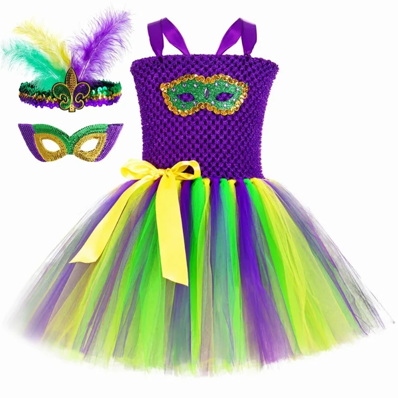 Tulle Tutu Dress for Girls for Halloween, Three-Color Princess Outfit in Purple, Green and Yellow, Kids' Party Dress for Party.