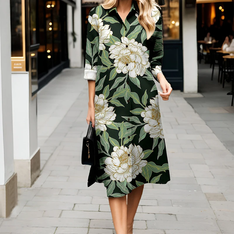 25 nova camisa feminina vestido floral moda casual colarinho confortável vestido longo ao ar livre na moda estilo de rua vestido de manga longa