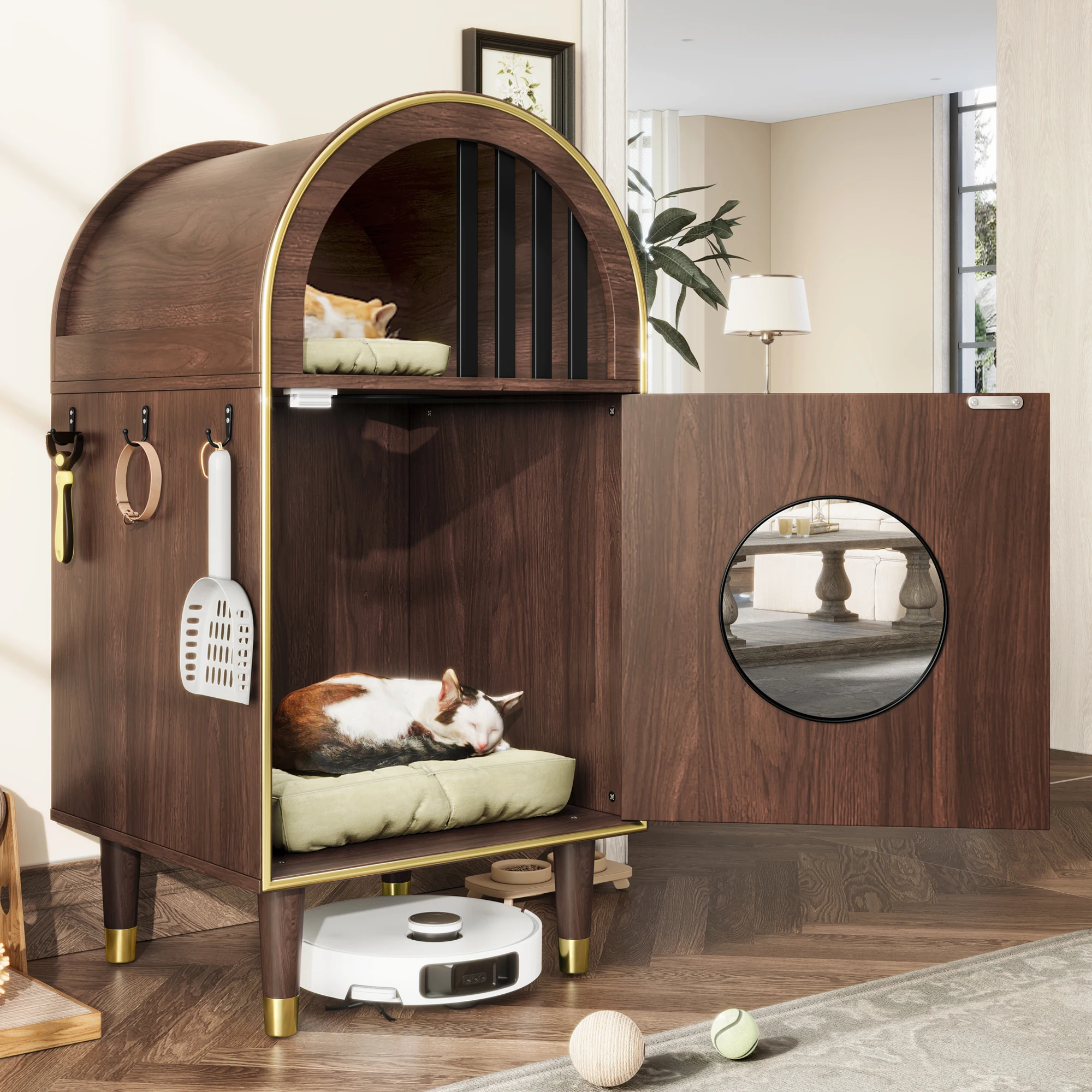 Cat Litter Box Enclosure Furniture RGB LED Light 2-Tier Wooden Cat House App/Voice Control Litter-Trapping Walkway Hidden Cats