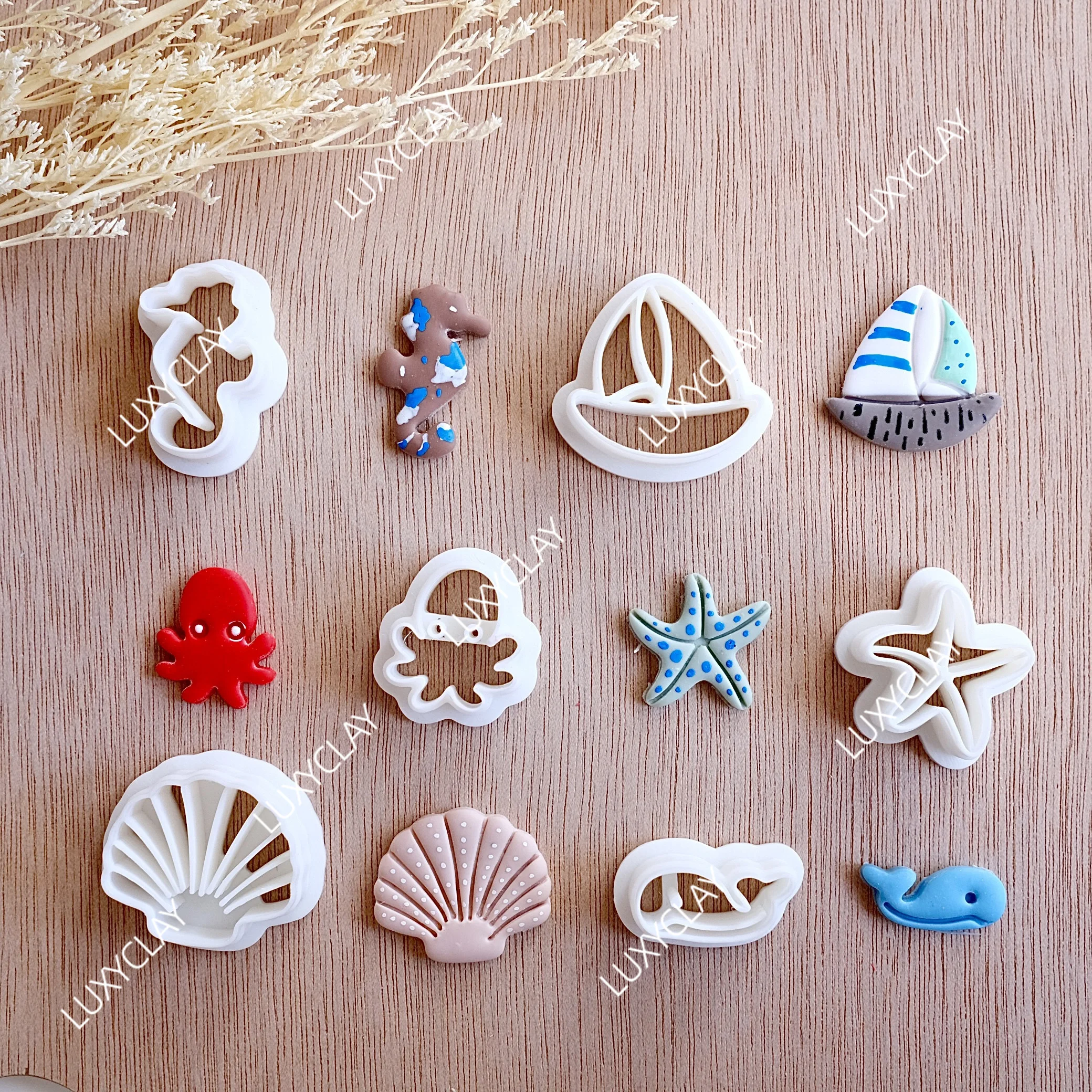 6pcs/set Summer Sailboat Seahorse Octopus Starfish Shell Whale Shape Clay Cutters for Earring & Jewelry Making, Ocean Clay Molds