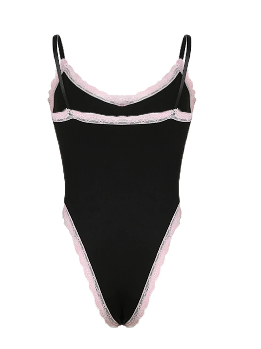 CHQCDarlys-bodysuit feminino de spaghetti strap, guarnição do laço, tops de collant sem mangas, lingerie fina, Y2K