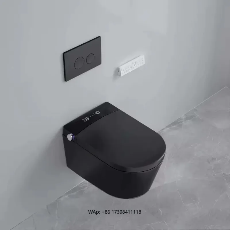 

Modern Wall-Hung Smart Ceramic Toilet Matt Tankless Floating Bidet Bowl Elongated Black Remote Control Included S-Trap