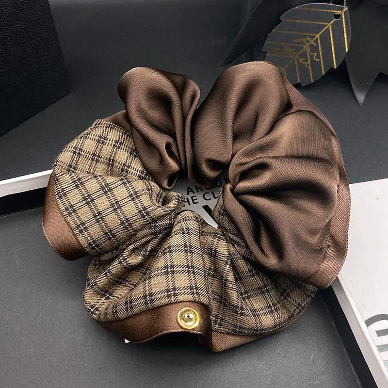 Satin Plaid Ruffle Edge Large Scrunchies Korean Chic Elastic Hair Ties for Women Bun Ponytail Holder Premium Daily
