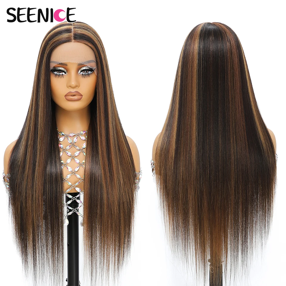 

Straight T-Part Synthetic Lace Front Wig For Women 30 Inch Long Ombre Brown Red Blonde Hightlight Lace Frontal Wigs Cosplay Wig