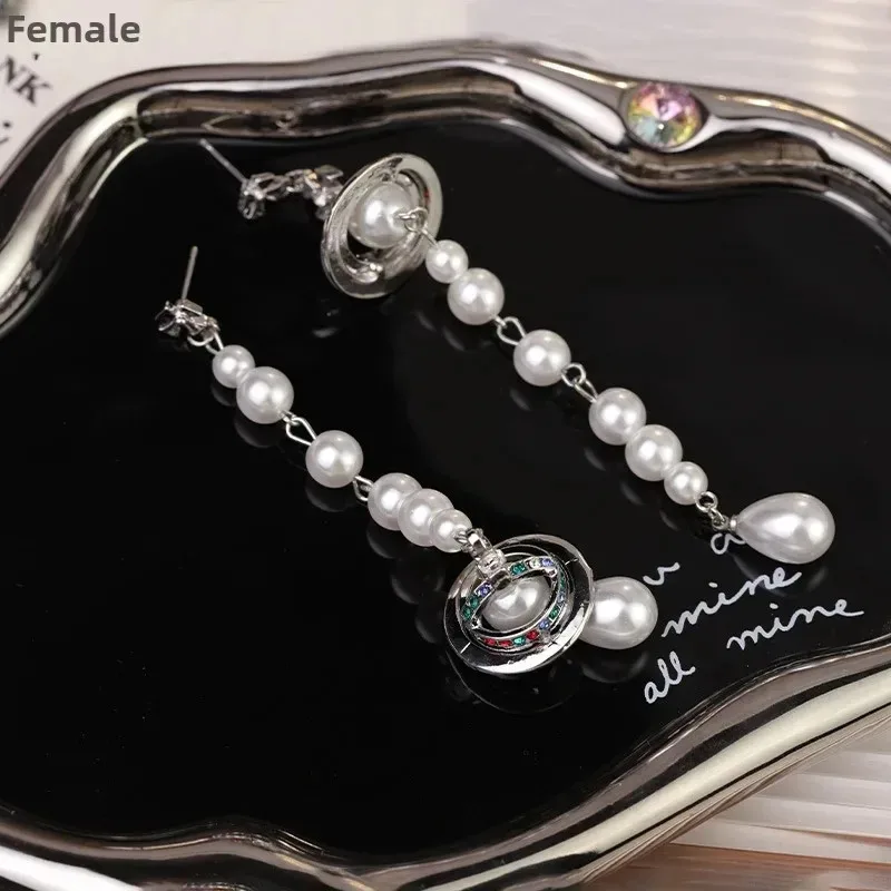 YISON Fashionable Long Pearl Planet Asymmetric Earrings Luxury Women's Sensation Bell Ear Stud Elegant Jewelry Accessories Gift