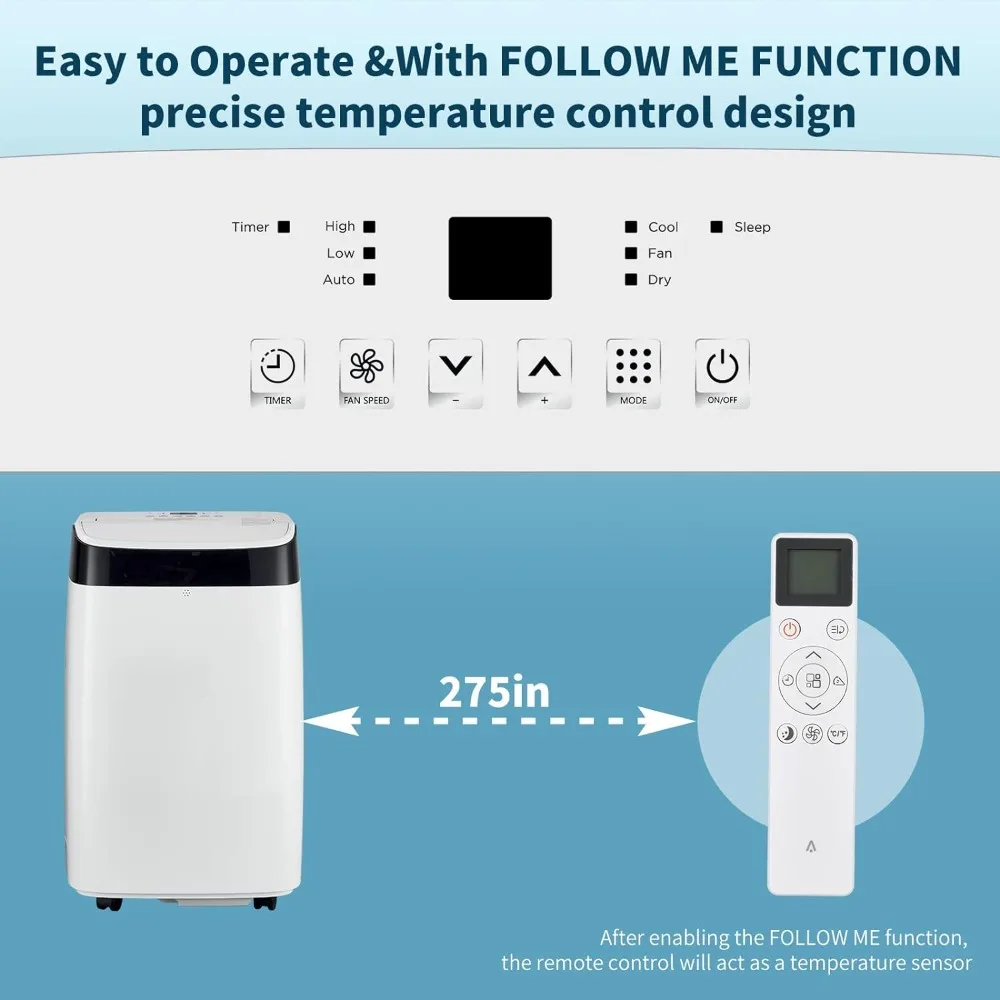 Condicionador com controle remoto, AC portátil para quarto, dormitório, escritório com secagem, ventilador, modo de suspensão, 3 velocidades, 10000 BTU