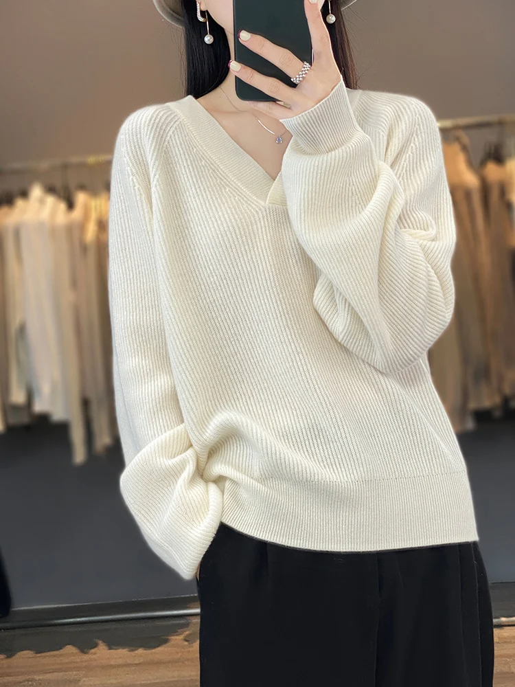 100% Wool Plus size Women Sweater V-Neck Pullover Long Sleeve Top Knitwear Warm Soft Comfortable Simple Outerwear Fashion Trends