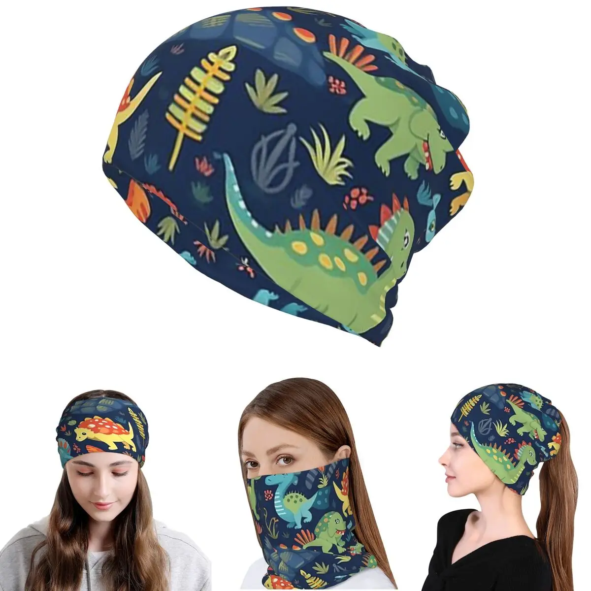 Cartoon Cute Dinosaur Pattern Bandana Neck Gaiter Wrap Scarf Warm Headband Beanies Hat Unisex Adult Washable