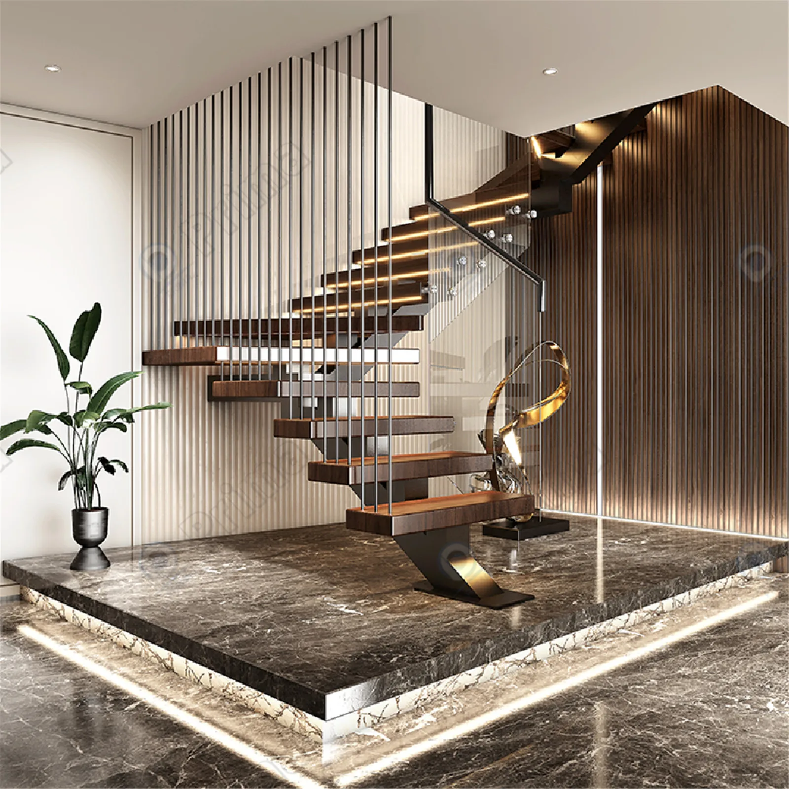 Personalizzazione Scala in legno prefabbricata mono stringer per progetto domestico Scala mono stringer moderna in acciaio dritto in acciaio