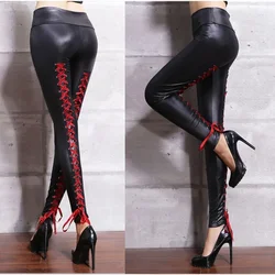 Women Sexy Lace Bandages leather pants Black PVC Leggings Goth Fetish pu Faux Leather skinny Pants Punk Rock Wet Look Club Wear