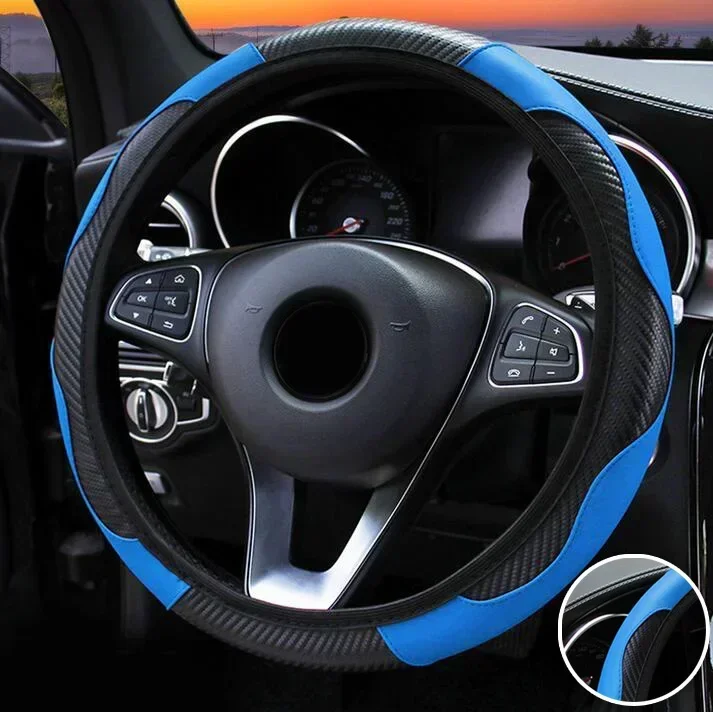 Capa de volante de couro de fibra de carbono, 38cm, azul, preto, estilo elástico, adequado para volante de 37-38cm de diâmetro