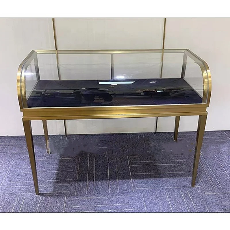 

customized.Luxury Curved Display Cabinet Table Jewelry Glass Counter LED Show Jewelry Shop