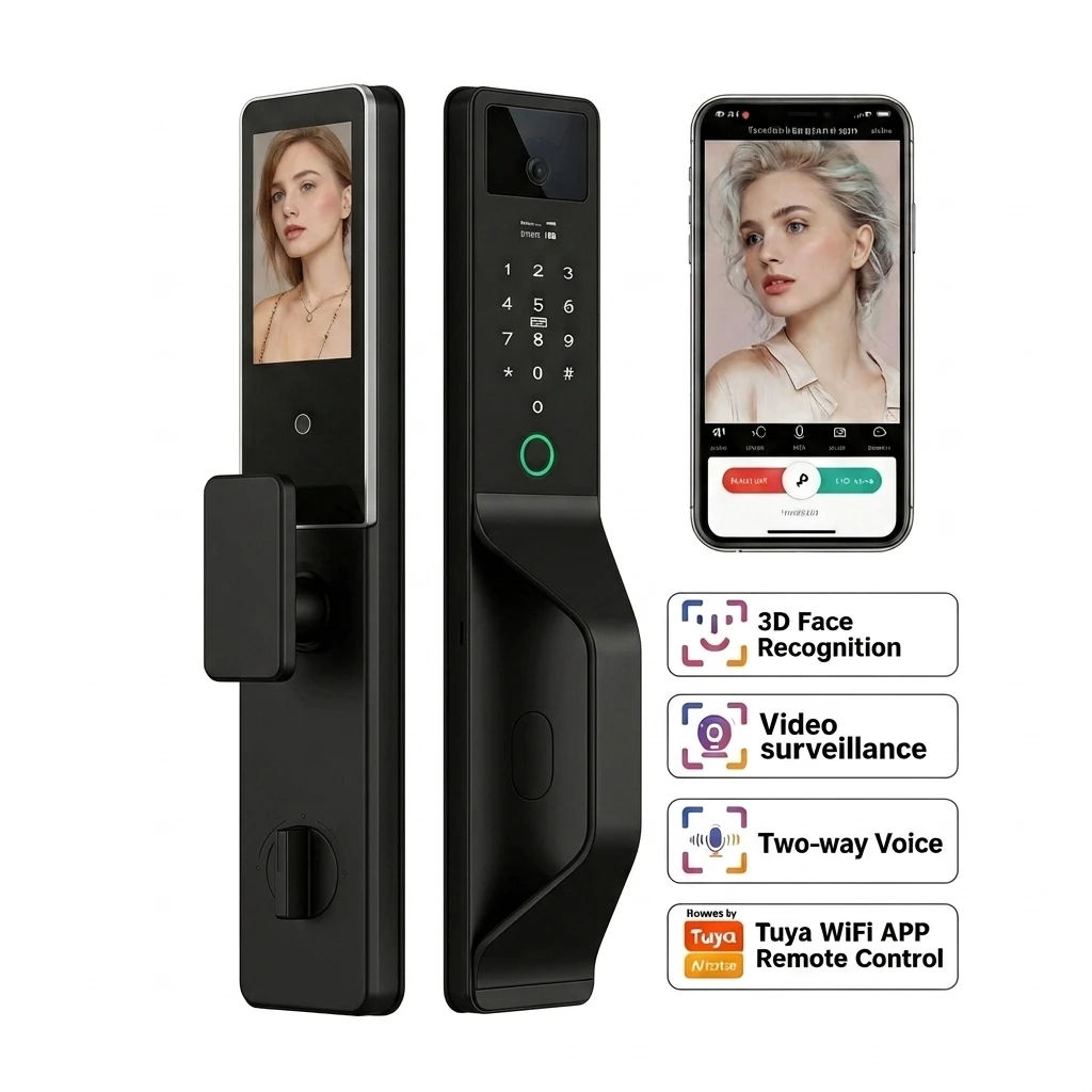 Tuya Fully Automatic Smart Door Lock With 3D Face & Fingerprint Recognition Security For Aluminum & Wood Doors Wifi Connected
