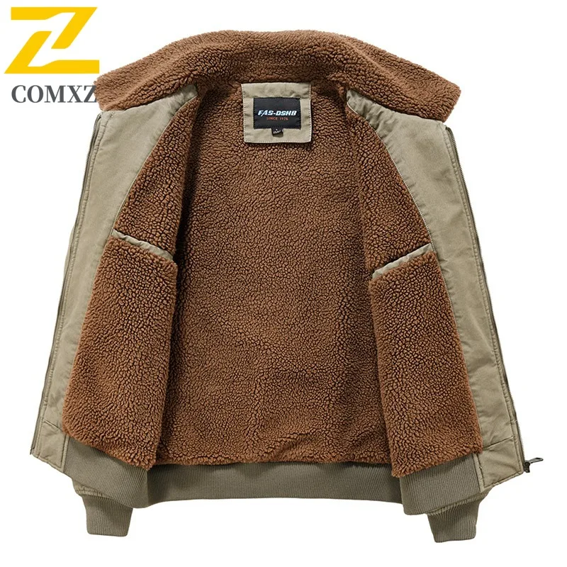 COMXZ 2025 سترة رجالية مبطنة بالصوف سميكة من القطن المغسول سترة شتوية خارجية غير رسمية بياقة مقلوبة #4