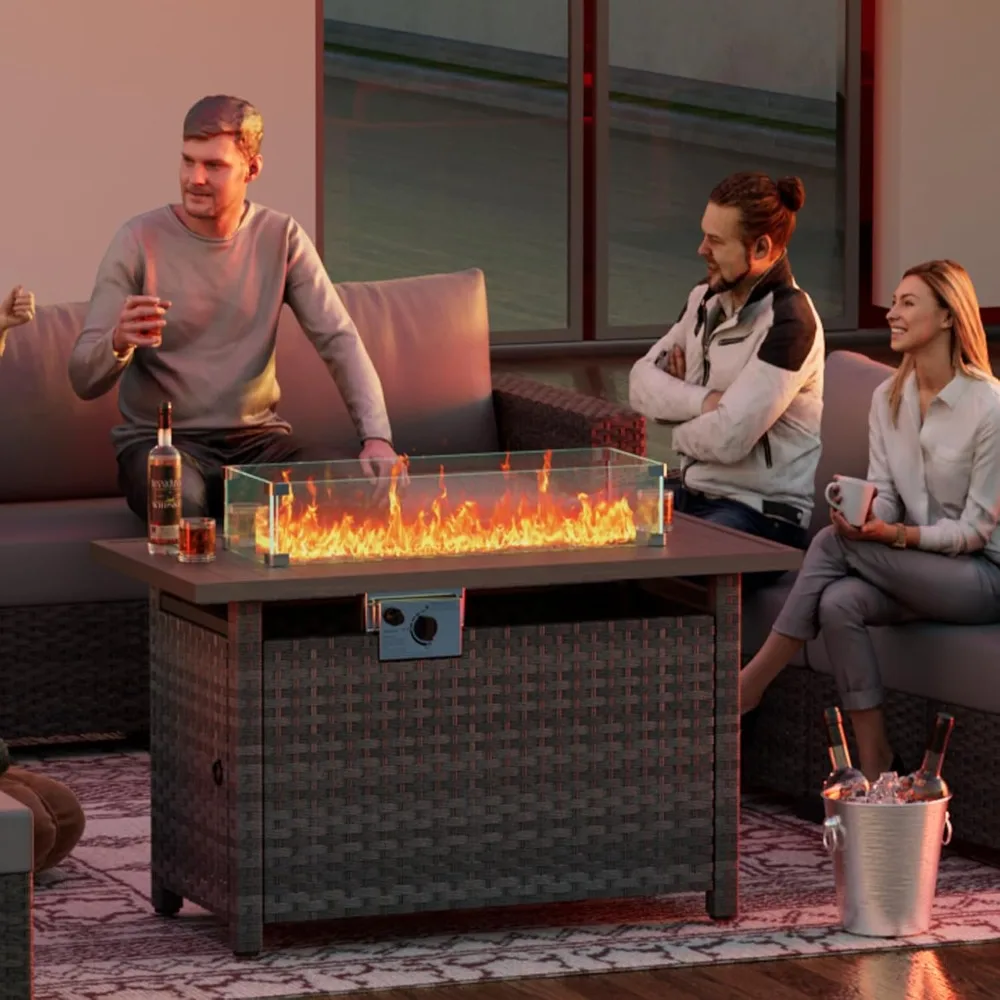 Fire Pit Table with Wind Guard for Outdoor, Auto-Ignition Propane Gas Firepits Rattan Rectangular Table for Outside Patio 60,000