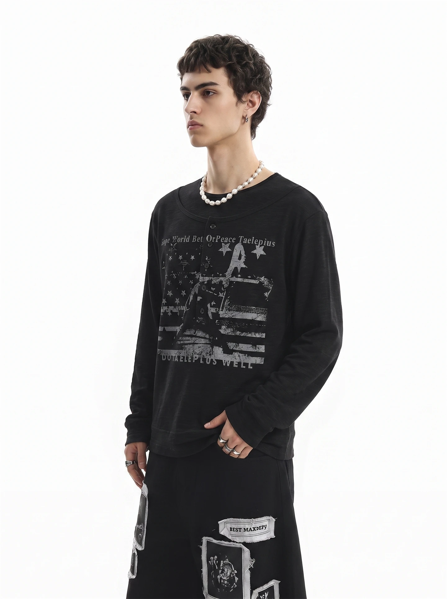 BETEBULE American Retro Style Long Sleeve Printed T-Shirt Men's Autumn New Style Henry Collar Top Loose Fit Youth Fashion