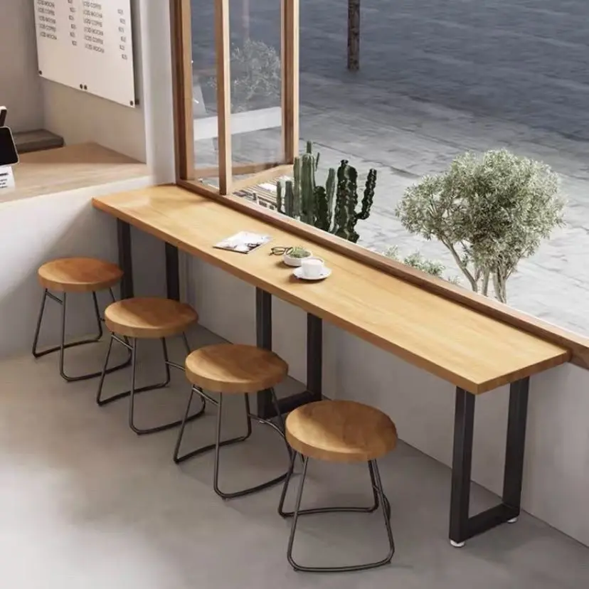 Narrow Dining Table And Chair Combination Against The Wall, Low Bar Counter By The Window, Industrial Style Snack Shop, Bar