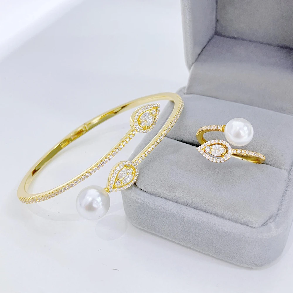 022538 Trendy Pearl Bangle Set for Women Cubic Zircon Bracelet Ring Dubai Charm Bridal Jewelry Accessories Wedding Engagement