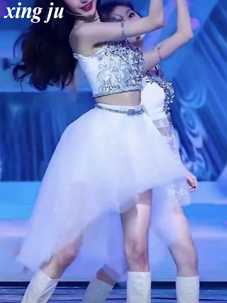 Kpop الكورية المغني الجاز ملابس الرقص المرأة مثير شبكة بلوزات من الدانتيل الحفل مثير الأبيض منظور تنورة ملهى ليلي DJ المرحلة زي #3