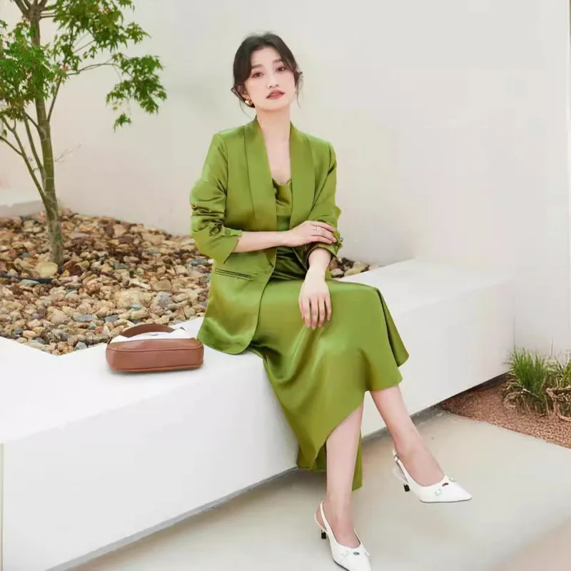 HKSH Autumn New Women's Tide High Sense Acetic Acid Streetwear Temperament Fashion Set Chic Elegant Blazer Dress Suits H2768