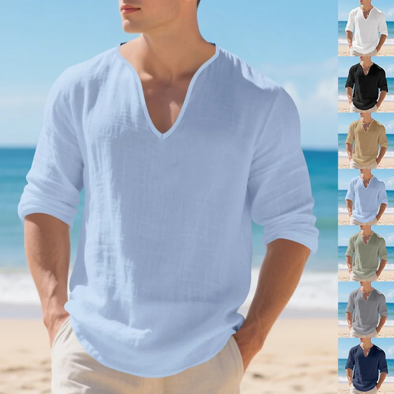 Loose Linen V-neck T-shirt for Men Casual Large Size Comfortable Fit PU Leather CleanFit Style Female Wear 3D Effect