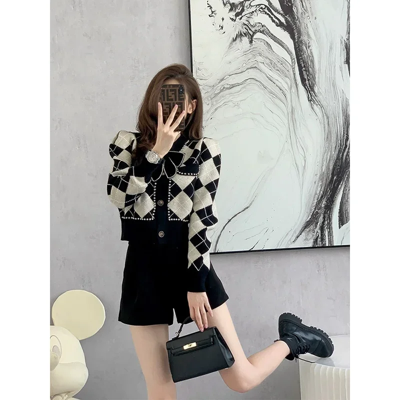 Women Clothing New Fashion Black Plaid Bow Knitted Cardigan Autumn Winter Elegant Slim O-neck Warm Sweater Diamonds Commute Top