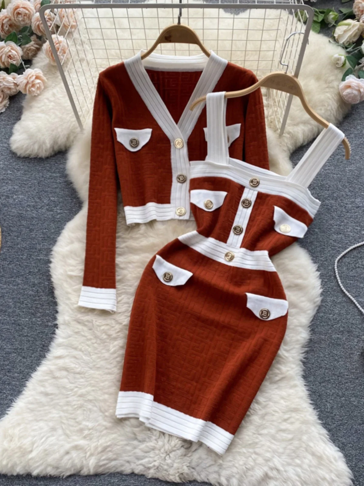 Autumn Collection 2024 Small Fragrant Style Set Women's Short Knitted cardigan Coat Versatile Strap Dress Two Piece Set