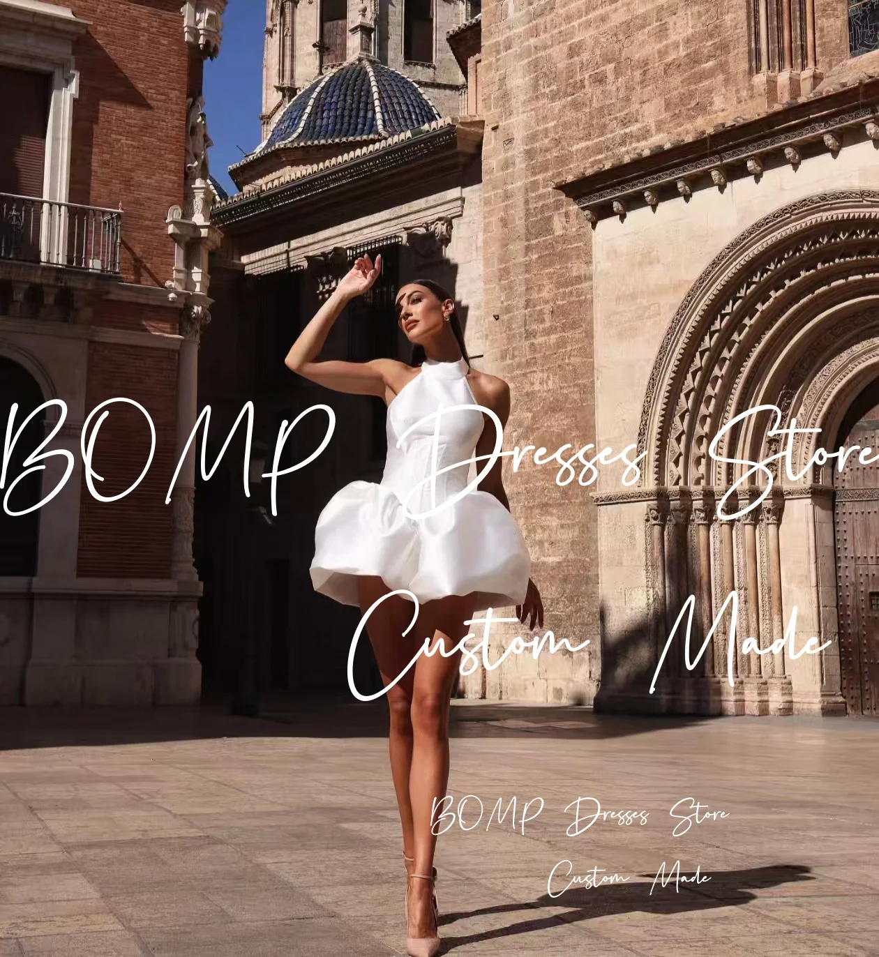 BOMP Elegant White Wedding Party Dress Halter Sleeveless Draped A-Line White Taffeta Short Prom Gown Customized Vestido de novia