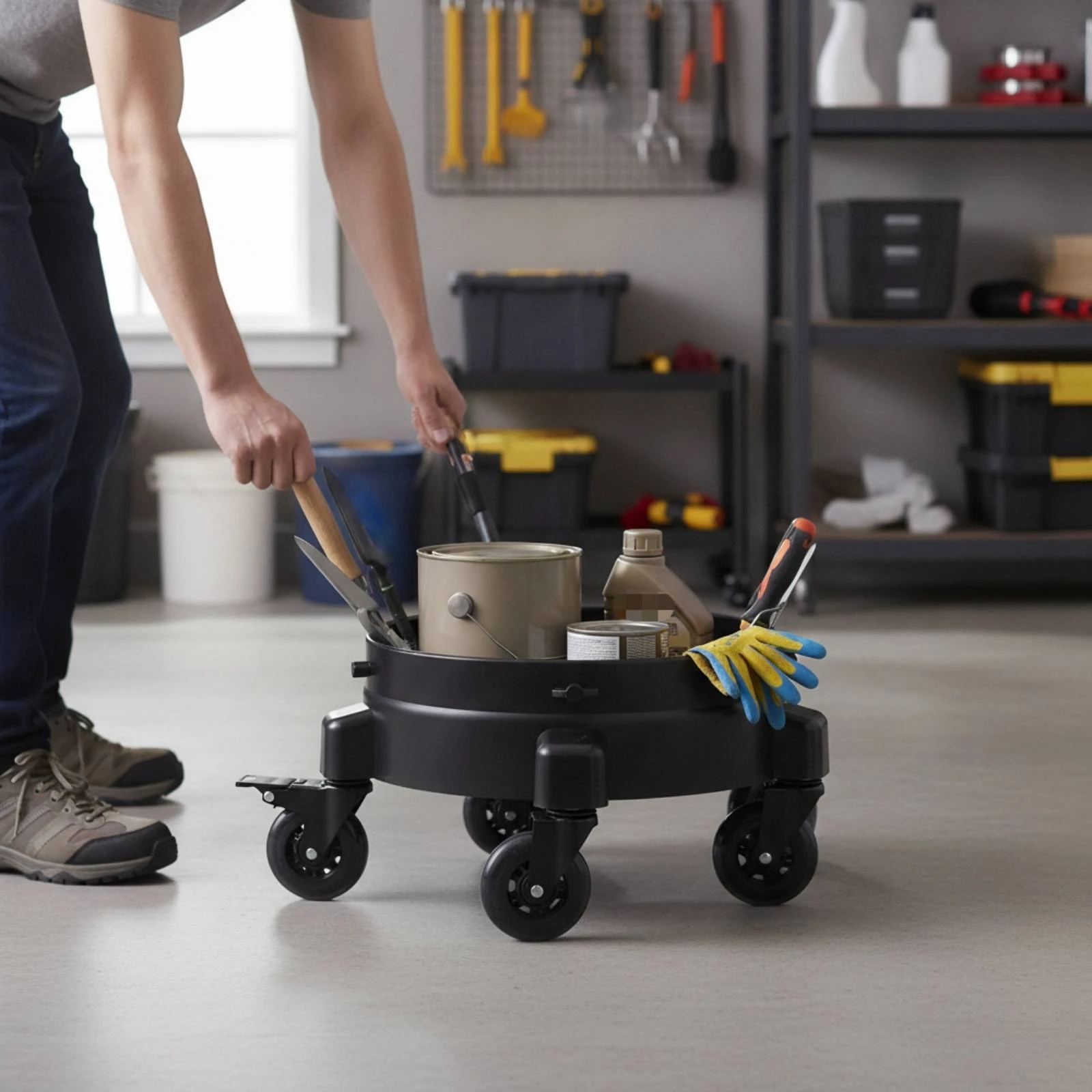 円形ローリングトレイ、低床ホイール付きトレイ（ブレーキ付き）、diy愛好家、作業場、ガレージ用