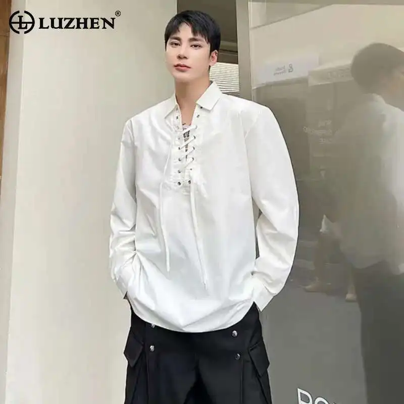 

LUZHEN 2025 New Original Cross Drawstring Design Long Sleeve Sweatshirt Men Stylish Elegant Loose Solid Color Casual Tops JY1090