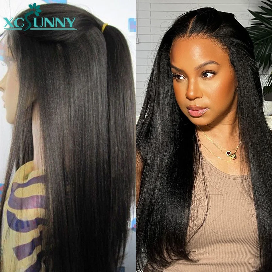 

Yaki Straight Full Lace Wigs Human Hair Put On and Go Glueless Wig 5x5 Bye Bye Knots Pre Plucked Lace Closure Wig Bleached Knots