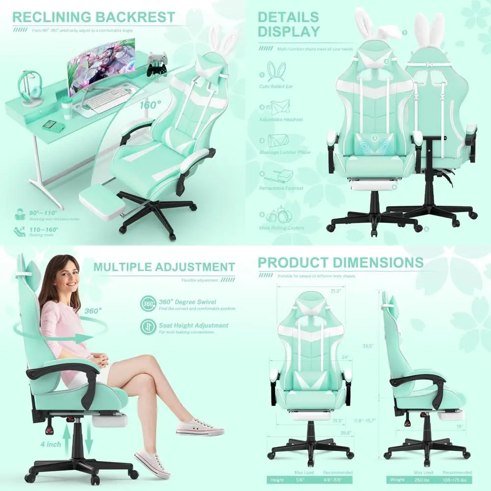 كرسي ألعاب لطيف على شكل أرنب كاواي مع مسند للقدمين للحفيدة والأخت، كرسي مكتب كمبيوتر باللون الأخضر الفاتح للاعبين