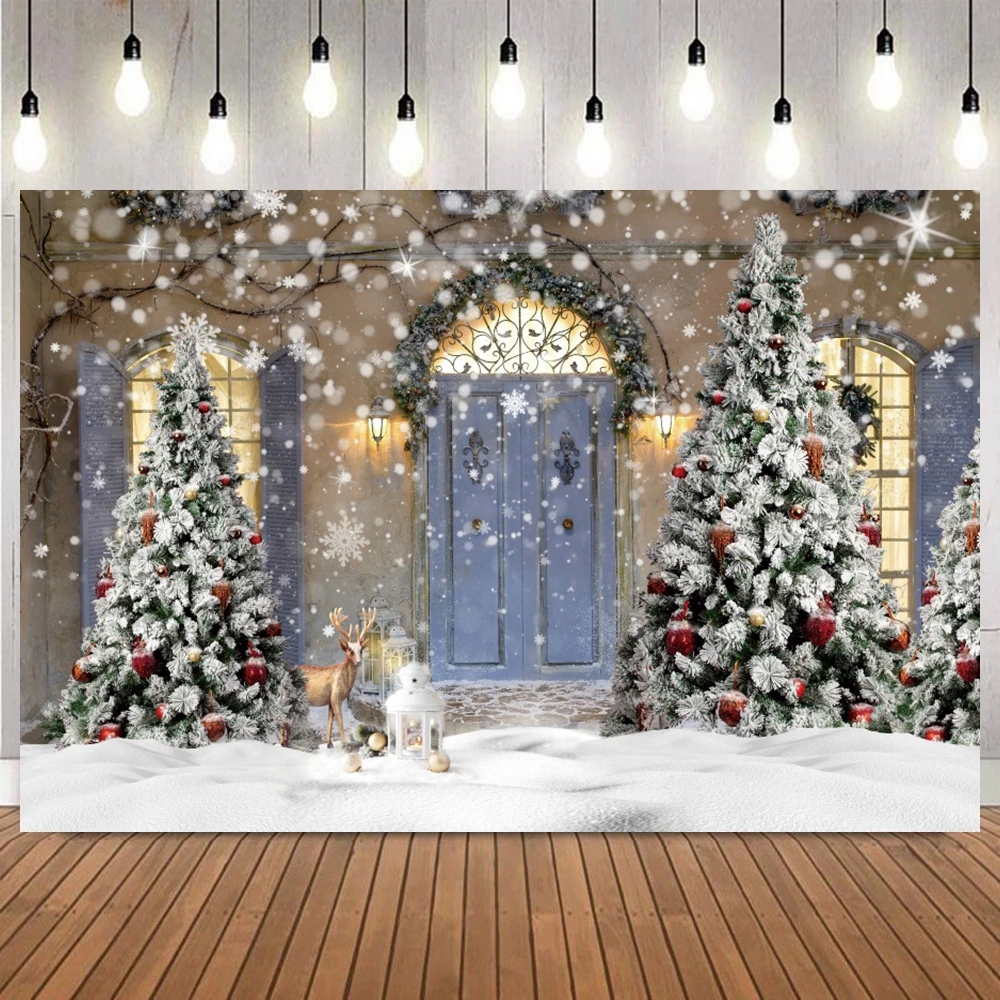 Winter Christmas Photography Backdrop Xmas Rustic Barn Wood Door Xmas Tree Snow Kids Adult Family Party Banner Decor Background