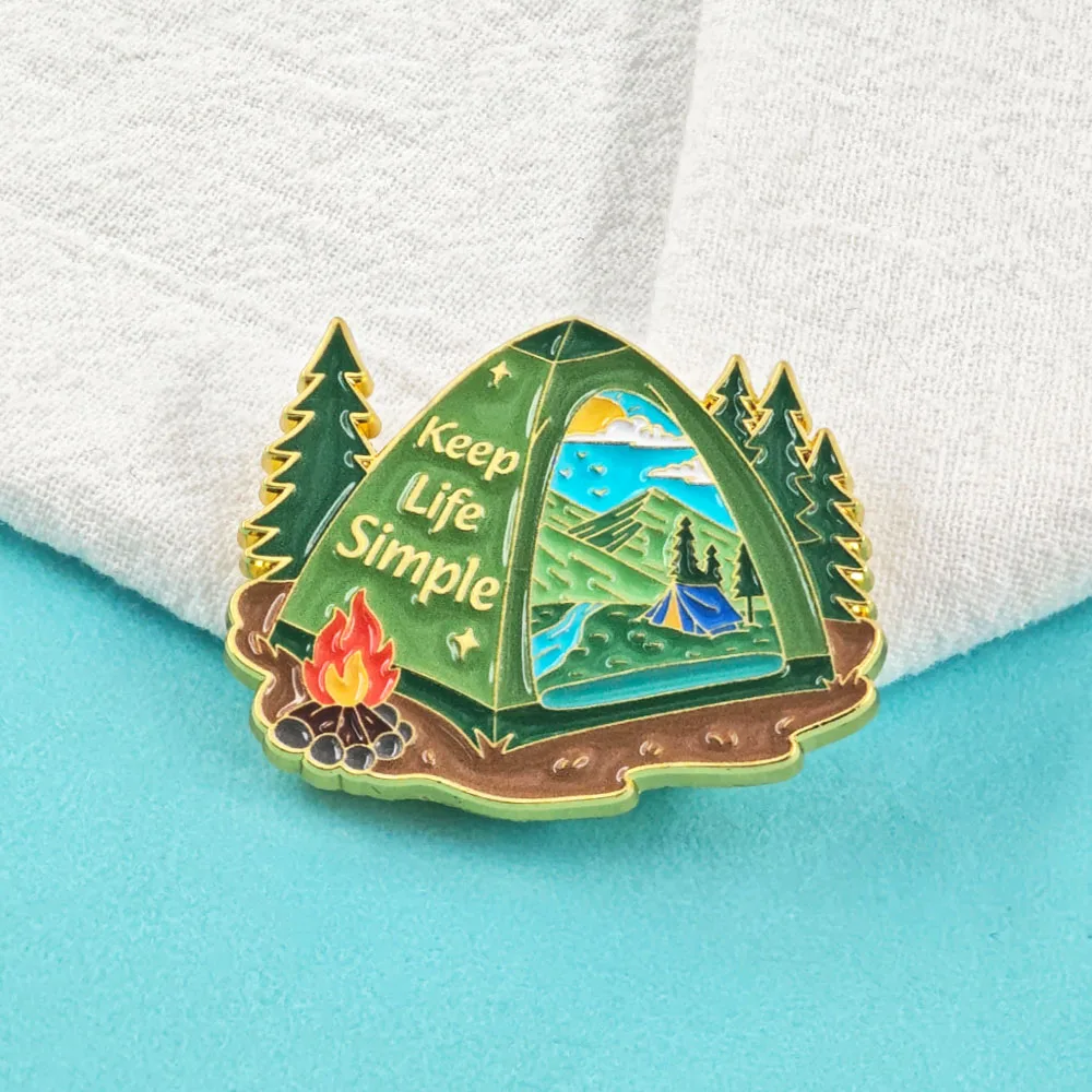 Keep Life Simple Enamel Pins Camping Tent Brooches Campfire Mountain Nature Landscape Lapel Badges Outdoor Travel Jewelry Gift