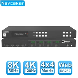 Navceker 8K Matrix HDMI 4x4 4K 120Hz HDMI 2.1 Matrix Switch Splitter 4 IN 4 OUT RJ45 VRR HDR 10+ Matrix Selector Box for PC PS5